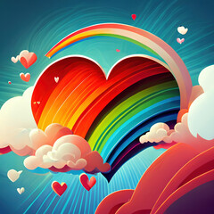 Wall Mural - Playful sky scene with hearts and rainbows afloat