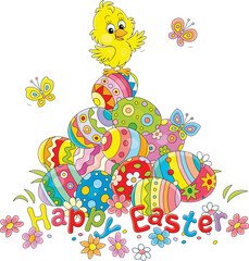 Wall Mural - Easter card with a happy little chick on a pile of colorfully painted gift eggs on a pretty lawn with spring flowers and merry fluttering butterflies, vector cartoon illustration on white