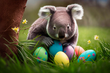 Wall Mural - Easter koala with Easter eggs AI generated Content