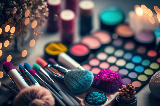 abstract background with professional make-up products. beauty industry accessories. ai generative i