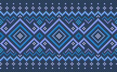 Wall Mural - Pixel ethnic pattern, Vector embroidery ethnic background, Geometric diagonal ornate style, Blue pattern chevron surface, Design for textile, fabric, ceramic, tile, blankets