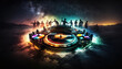 Night beach music party with close up DJ turntable and blurred dancing people having fun on outdoor background. AI generative image.
