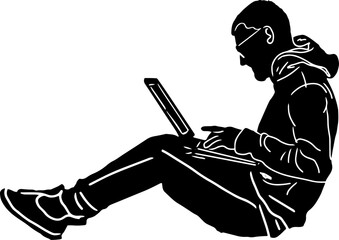 Silhouette of side view of young boy working on laptop, young man with laptop in shadow of sharp lines style, line art vector illustration of laptop user