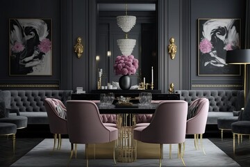 Large master living room in dark black gray colors. Rose pink set of chairs and gold table generative ai