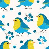 Fototapeta Pokój dzieciecy - Seamless pattern with funny colorful birds, flowers, leaves and berries. Color flat vector illustration with little cartoon bird. Cute characters. Design for invitation, poster, card, textile, fabric