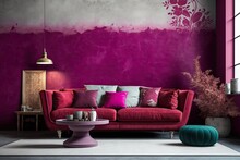 Living Room In Trend Viva Magenta Color 2023 Year. A Bright Sofa Accent. Plaster Microcement Wall Background. Crimson, Burgundy, Tones Of Room Interior Design Generative Ai