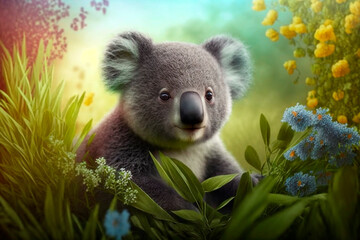 Wall Mural - Koala sits on a green meadow in spring among flowers AI generated content