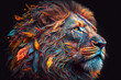 Löwe Porträt mit bunten Farben und Naturmaterialien, generative AI
