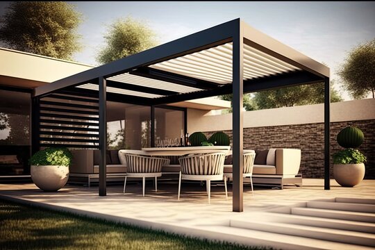 modern patio furniture include a pergola shade structure, an awning, a patio roof, a dining table, s
