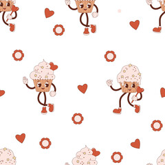 Wall Mural - Retro seamless pattern. Happy   characters  cupcake