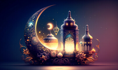 Wall Mural - A vintage and artistic Ramadan Mubarak design, featuring a crescent moon, mosque dome, and decorative lanterns with bohemian flair