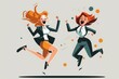 © Nattawat - Two business woman jumping cheerful, fun, flat design illustration, AI generated