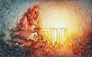 Poster - Women at the night ceremony. Ceremony space. Painting effect.