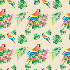 Naklejka na meble A pattern of tropical macaws. Watercolor illustration. Monstera. Plumeria. Home decoration. Rainforest.