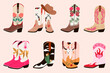 © Maryia Lishankova - Set of cowboy boots with different ornaments. Wild West fashion style. Cartoon flat illustrations. Hand drawn vector set