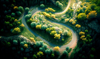Wall Mural - Aerial view of a winding road through a forest