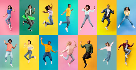 Wall Mural - Hooray. Group Of Happy Multiethnic People Jumping In Air Over Colorful Backgrounds