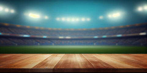 Wall Mural - Empty wooden table top product display showcase stage with large sports stadium background. Generative ai