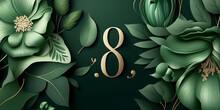 Women's Day Celebration Background, 8 March, Number On Green Decorated With Flowers And Plants Leaves. Generative AI Illustration