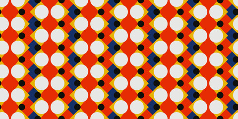 Fototapete - Red-white bright primitive pattern of circles and rhombuses. Print seamless and vector for fabric, textile, pillows, notebooks, packaging, interior, design.