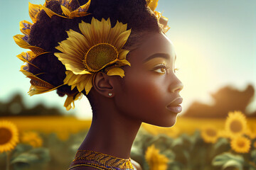 Summer goddess, african american woman in sunflowers field, seasonal agriculture. Generative AI