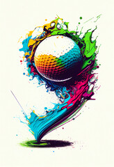 Golf sport ball colorful splash art on white background, vertical, tournament poster. Generative AI graphic illustration