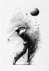 Wall Mural - Dynamic golf sport ball, player in background,  monochrome ink drawing illustration on white background, vertical tournament poster. Generative AI