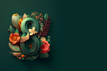 women's day celebration background, 8 march, number on green decorated with flowers and plants leave