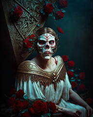 Wall Mural - fantasy portrait of a hollow dead queen skull in red costumes and red flowers 