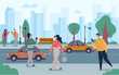 © PrettyVectors - People walking on street. City road with cars. Urban town life infrastructure concept. Vector cartoon graphic design element illustration