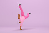 Fototapeta  - The black man with pink clothes.   He is doing exercise.  3d rendering of cartoon character in acting.