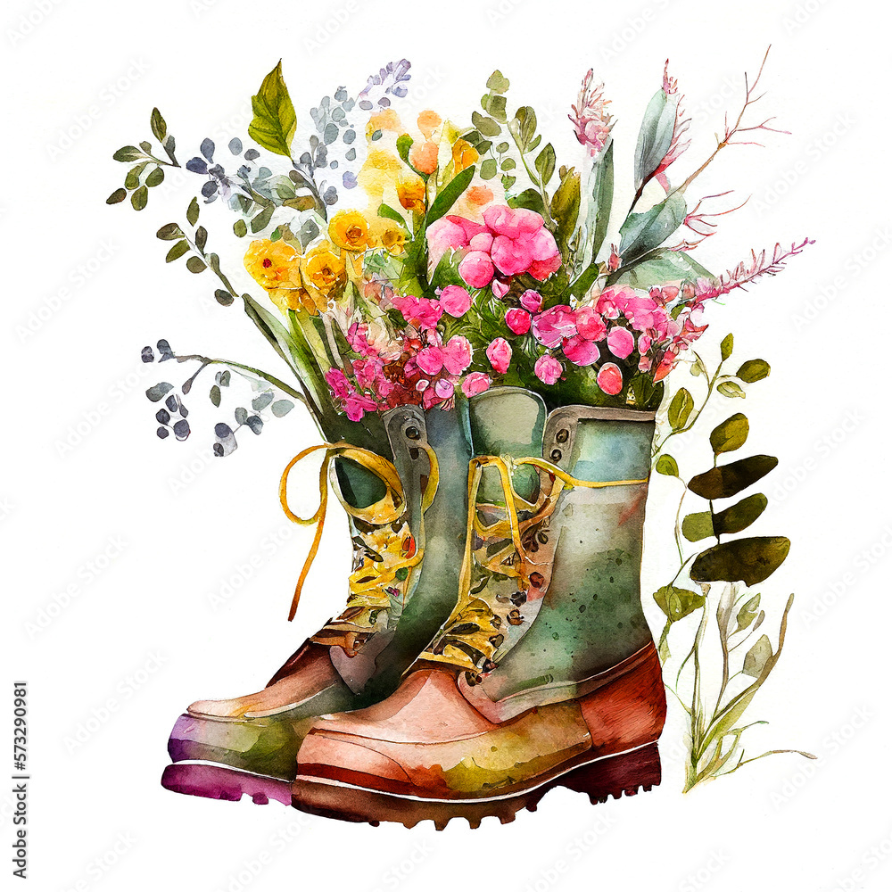 Watercolor botanical illustration of gardening boots with floral ...