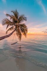 Wall Mural - Relax vacation leisure lifestyle on exotic tropical island beach, palm tree hammock hanging calm sea. Paradise beach landscape, water villas, sunrise sky clouds amazing reflections. Beautiful nature
