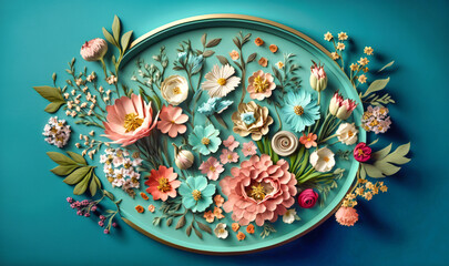 Wall Mural - Gorgeous spring floral display with delicate petals and blossoms arranged in a top-down frame against a refreshing turquoise blue background
