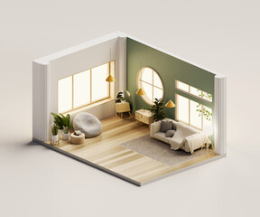 Poster - Isometric view living room muji style open inside interior architecture, 3d rendering digital art.