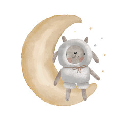 Wall Mural - Cute plush toy on the moon with little stars, watercolor vector illustration.