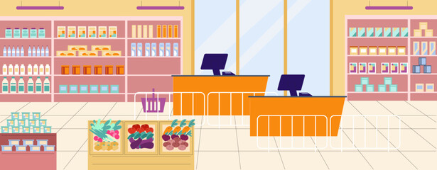 Poster - Supermarket interior with food shelves, vegetables, fruits and cashier zone. Modern empty food store vector image, flat market location design