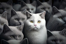 Ilustration, One White Cat In A Pack Of Gray Cats, Individuality Concept, Generative Ai
