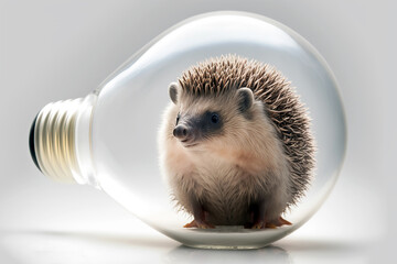 hedgehog trapped in electric light bulb isolated on light background, generative ai