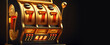 Casino banner, slot machine with 777 symbols, golden color. Generation AI