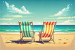 Sommerurlaub am Strand mit Liegestühle und Meerblick, Illustration
