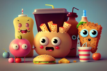 Poster - 3D Illustration of Cute Cartoon Food Characters. Created with Generative AI Technology