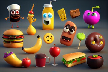 Wall Mural - Cute Cartoon Food Characters. Created with Generative AI Technology