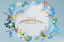 3d Songkran Festival Background In Thailand Water Festival 3d With With Blue Water Splash,thai Architecture. ( Translation Thai : Songkran Thailand )
