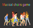 Children playing musical chairs game vector illustration isolated on black background. Happy birthday animation. Kids run around playing musical chairs game. Fun activity teenager. Tricky competition.