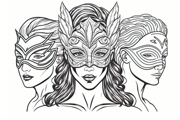 Wall Mural - Line Art Illustration Of Womans Wearing Mardi Gras Mask On White Background