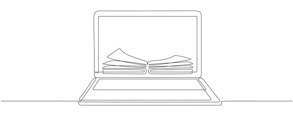 Wall Mural - Continuous line drawing of laptop with book. Online education linear illustration. Vector isolated on white.