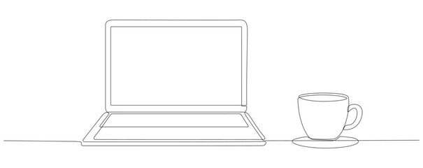 Poster - Continuous line drawing of laptop and coffee cup. Vector isolated on white.