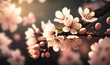 A close-up of a cherry blossom branch, with delicate pink petals fluttering in the wind