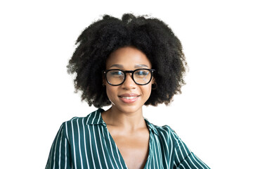 Wall Mural - Cheerful curly-haired woman with glasses smiles in the office isolated transparent background, png.